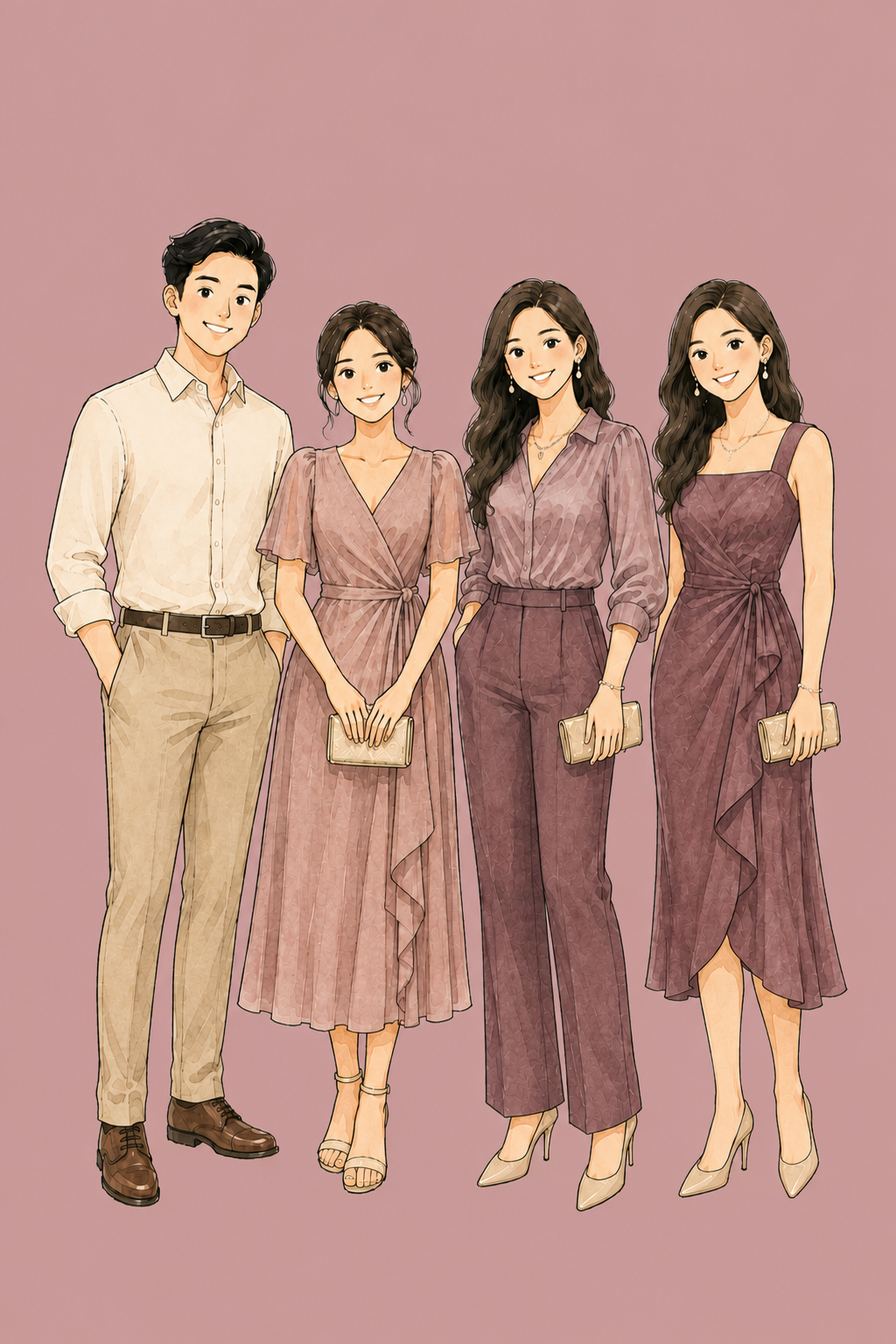Illustrated wedding guest attire in cream, blush, and burgundy